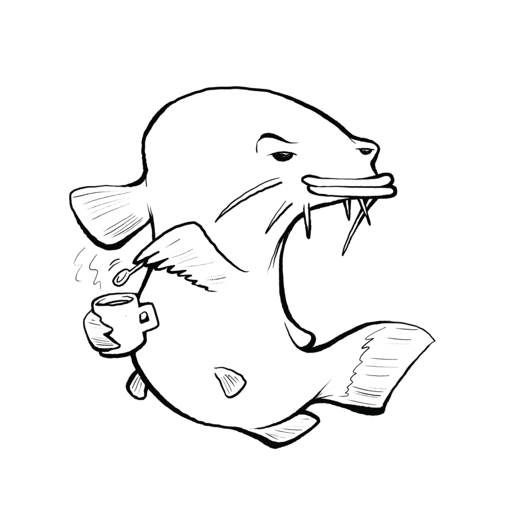 A tan catfish with long whiskers and a smug half-lidded look stirs a steaming cup of coffee, in black and white.
