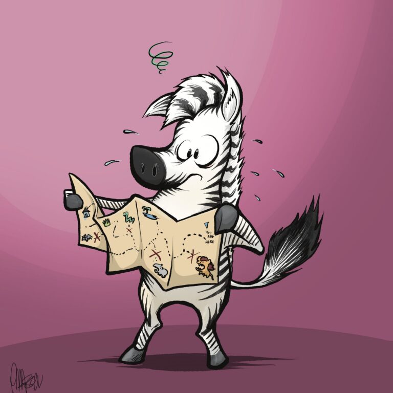 A sweating zebra with a dizzy swirl over its head squints at a treasure map covered in X marks.