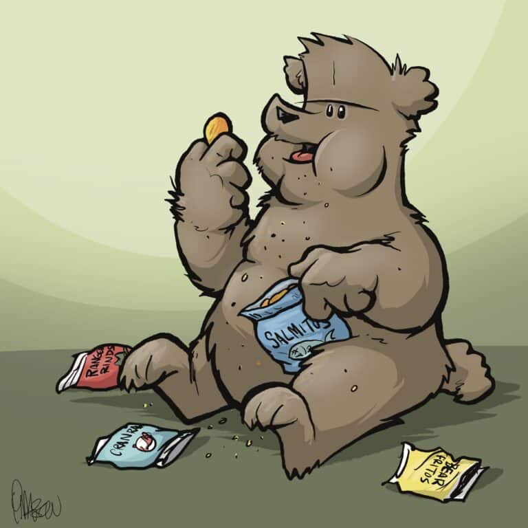 A brown bear sits among empty chip bags, cheeks stuffed and crumbs everywhere, popping another chip.