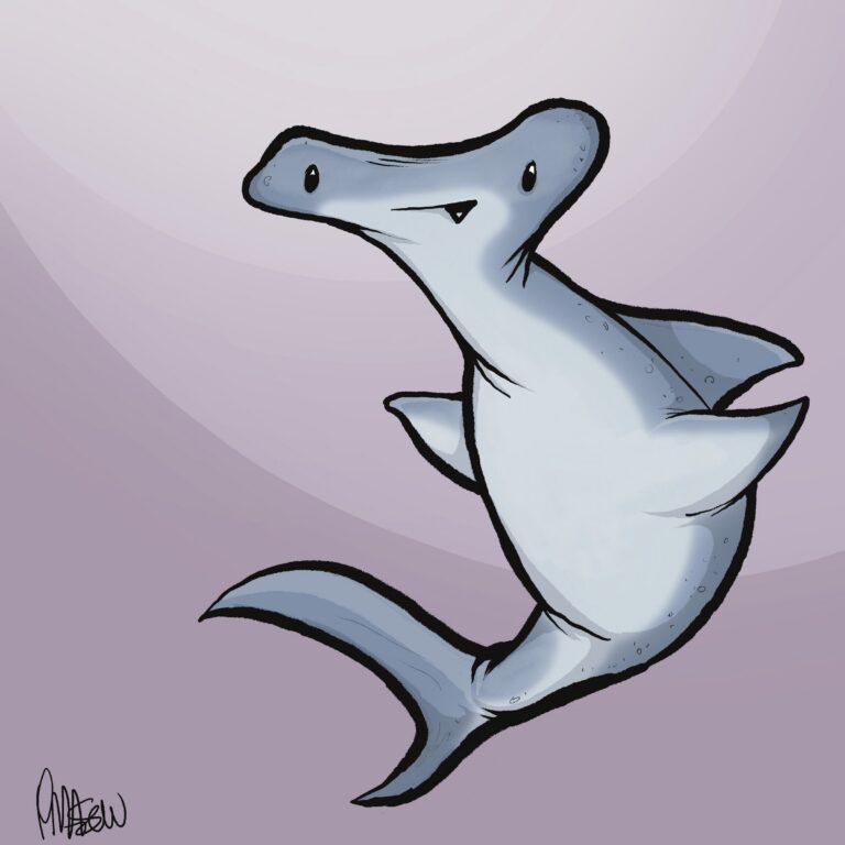 A pale blue hammerhead shark curls happily through the water with a small smile.