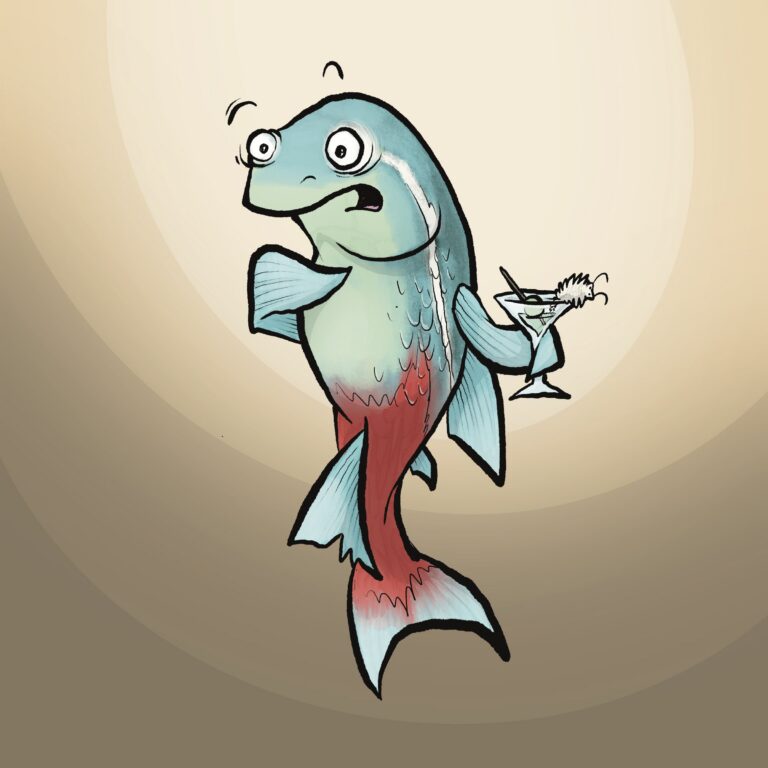 A blue and red tetra fish with wide, stunned eyes and a gaping mouth holds a martini glass.