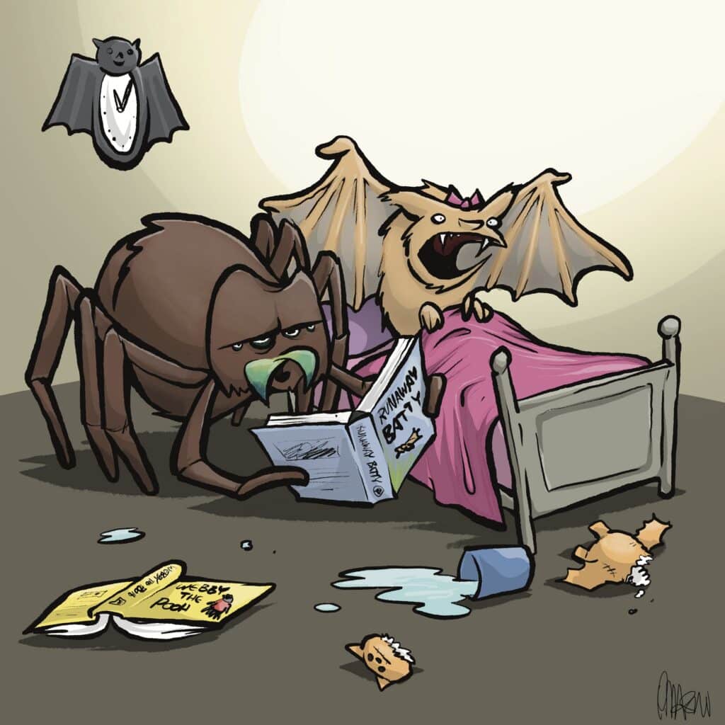 A calm brown spider reads a bedtime book to a screaming tan bat in bed, toys and a spilled cup strewn on the floor.